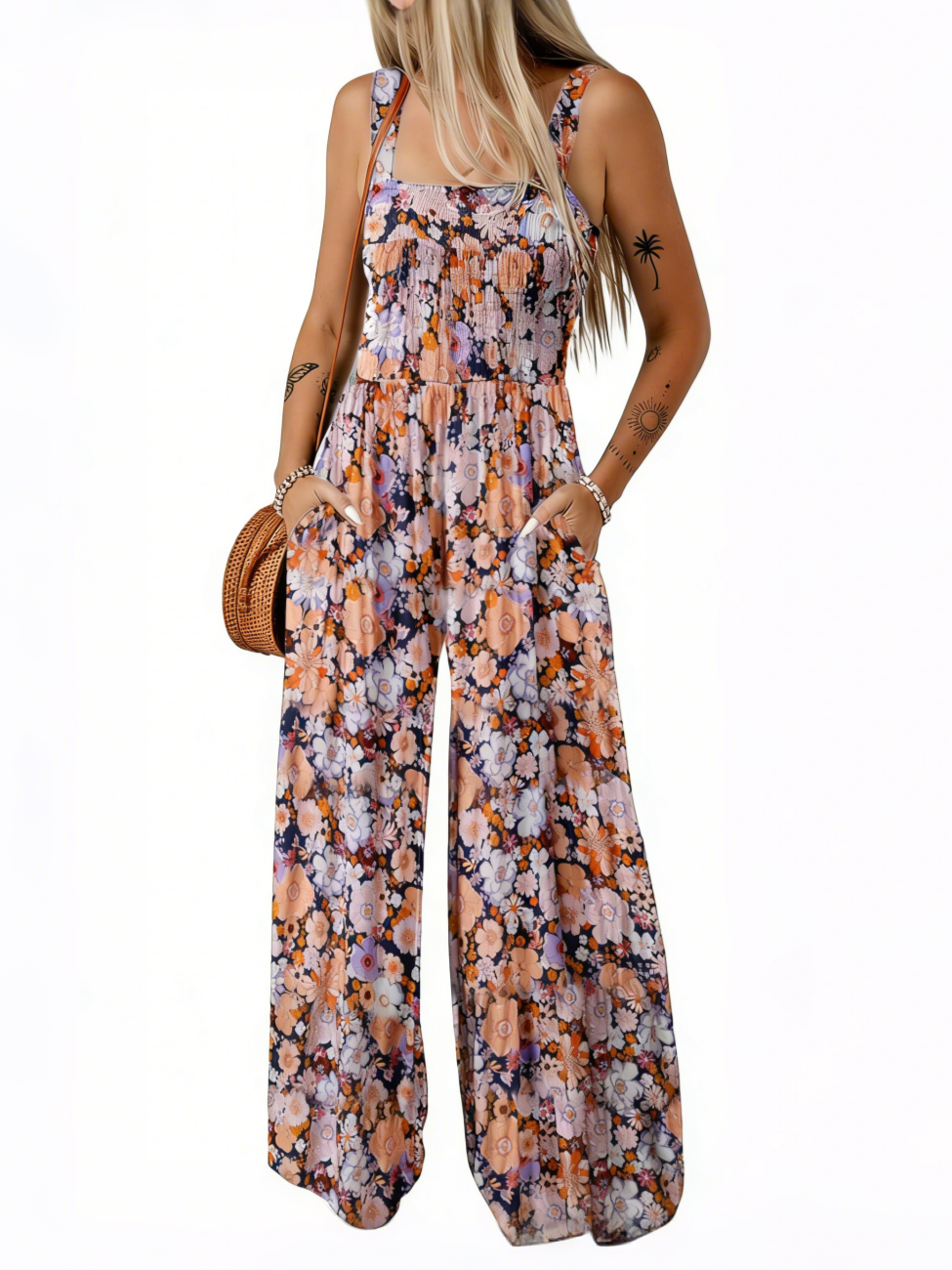 🔥🔥🔥🔥Womens Overalls Casual Floral Print Sleeveless Jumpsuit with Pockets