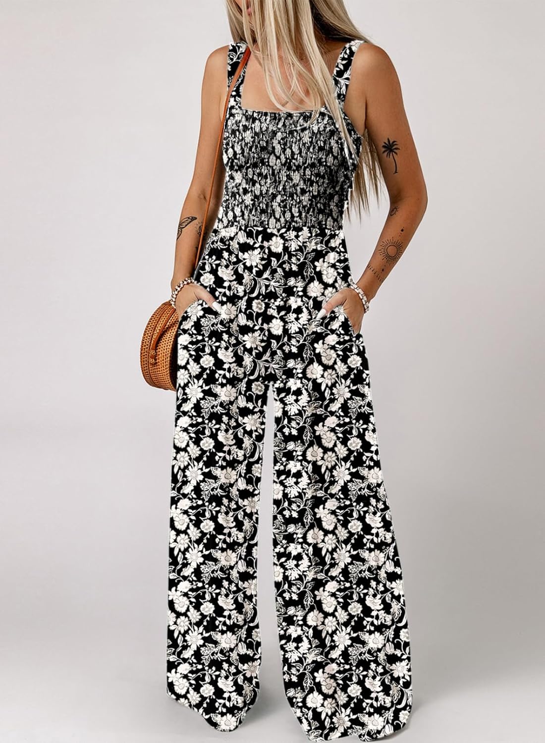 🔥🔥🔥🔥Womens Overalls Casual Floral Print Sleeveless Jumpsuit with Pockets