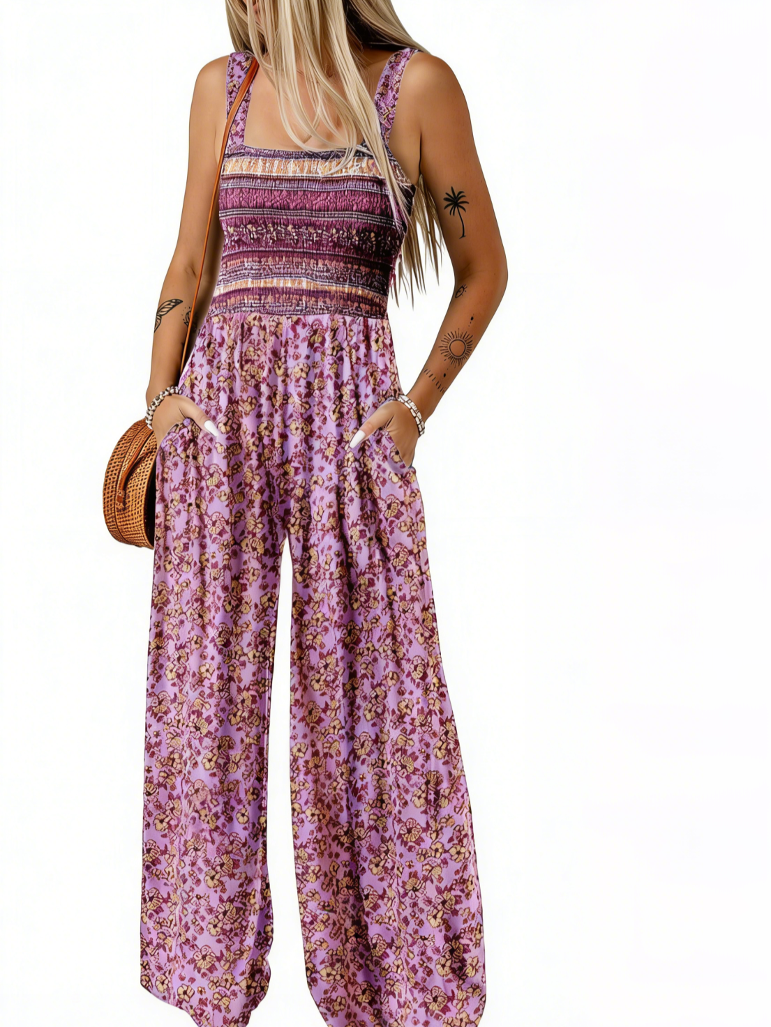 🔥🔥🔥🔥Womens Overalls Casual Floral Print Sleeveless Jumpsuit with Pockets