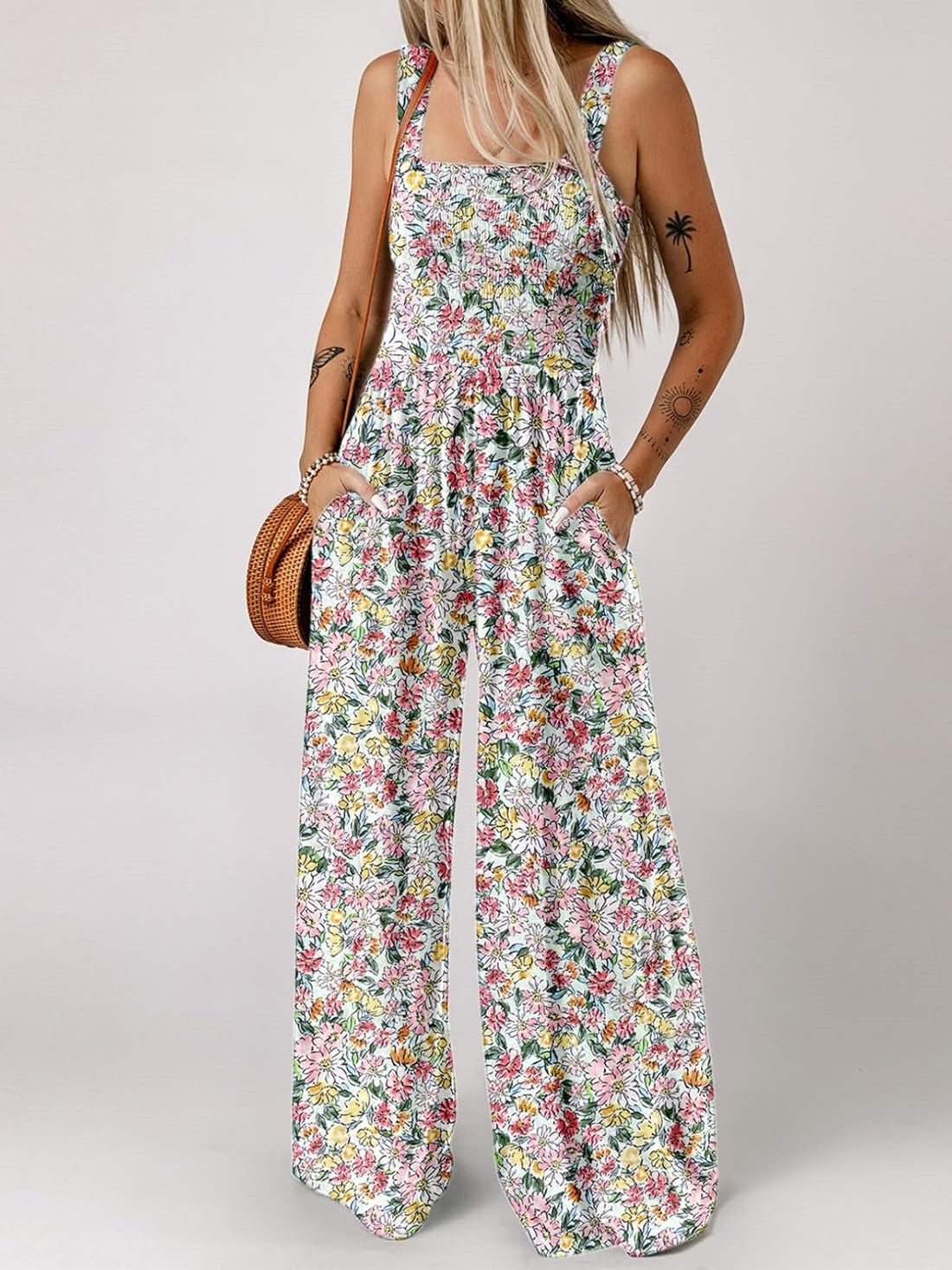 🔥🔥🔥🔥Womens Overalls Casual Floral Print Sleeveless Jumpsuit with Pockets