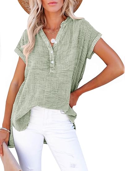 Loose-Fit V-Neck Textured Short-Sleeve Top with Buttons（BUY 2 FREE SHIPPING)