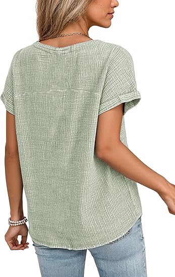 Loose-Fit V-Neck Textured Short-Sleeve Top with Buttons（BUY 2 FREE SHIPPING)