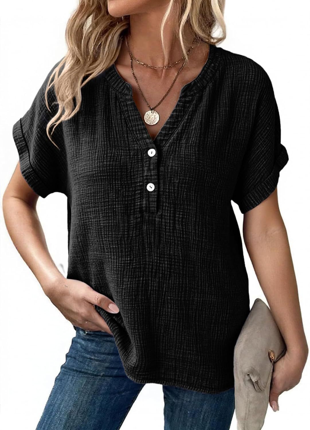 Loose-Fit V-Neck Textured Short-Sleeve Top with Buttons（BUY 2 FREE SHIPPING)