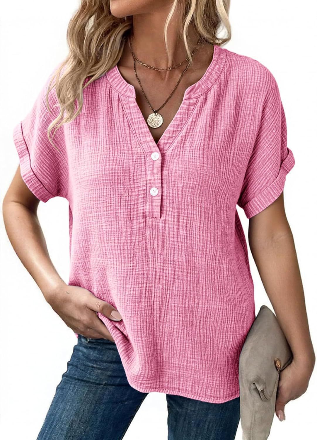 Loose-Fit V-Neck Textured Short-Sleeve Top with Buttons（BUY 2 FREE SHIPPING)