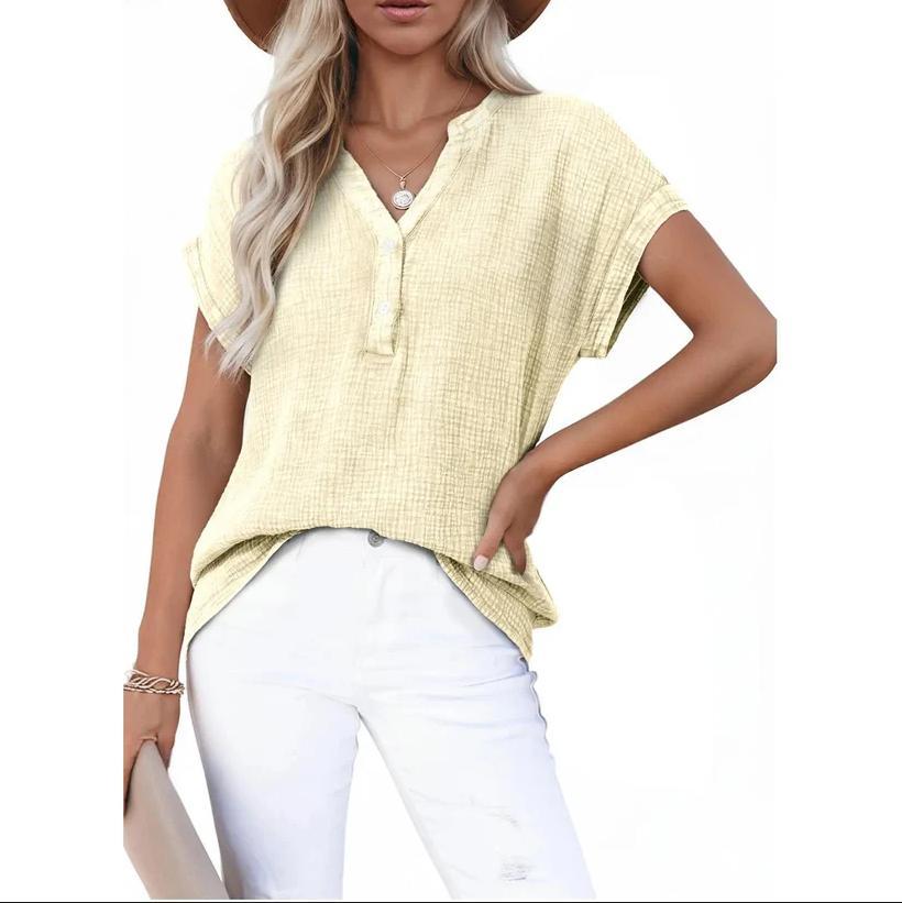 Loose-Fit V-Neck Textured Short-Sleeve Top with Buttons（BUY 2 FREE SHIPPING)