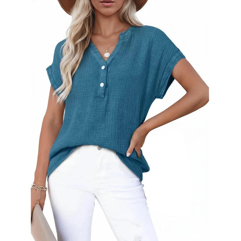 Loose-Fit V-Neck Textured Short-Sleeve Top with Buttons（BUY 2 FREE SHIPPING)