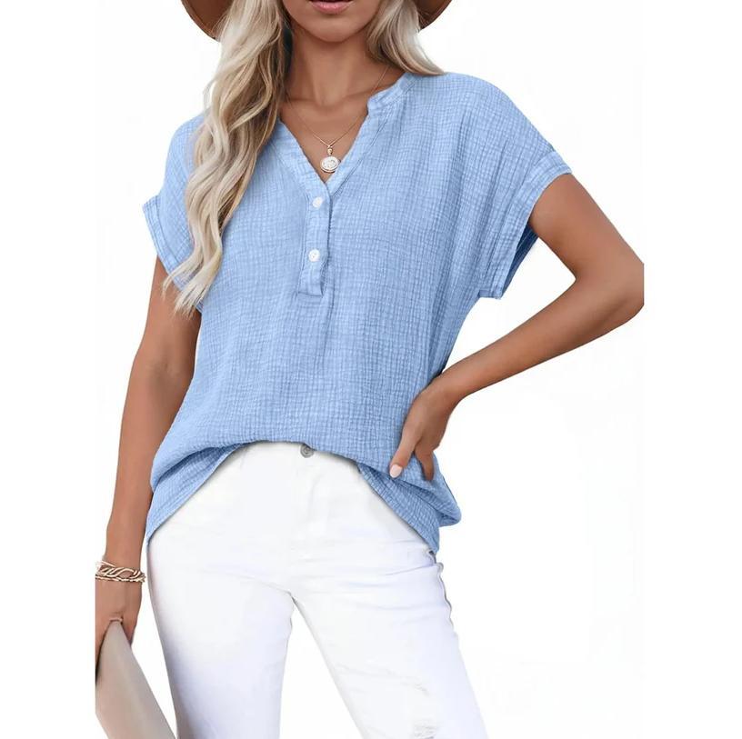 Loose-Fit V-Neck Textured Short-Sleeve Top with Buttons（BUY 2 FREE SHIPPING)