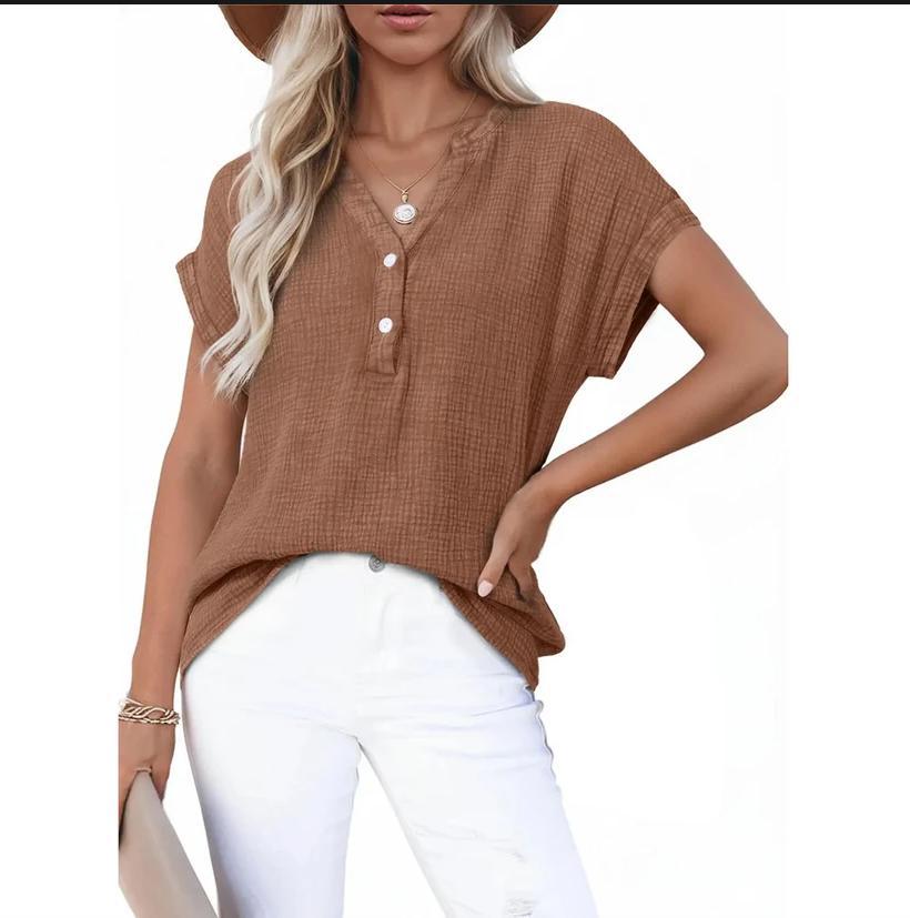 Loose-Fit V-Neck Textured Short-Sleeve Top with Buttons（BUY 2 FREE SHIPPING)