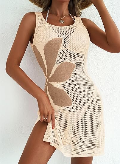 2026 New Women's Summer Crochet Beach Cover-Up Dress — Floral, Open-Knit, Slit, Sleeveless Swimwear Cover-Up
