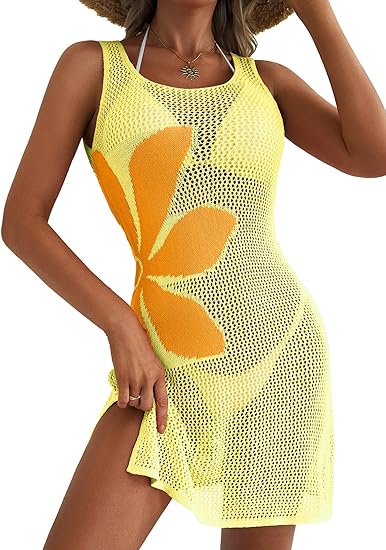 2026 New Women's Summer Crochet Beach Cover-Up Dress — Floral, Open-Knit, Slit, Sleeveless Swimwear Cover-Up