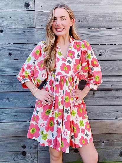 Women's V-Neck Puff-Sleeve Floral Mini Dress（BUY 2 FREE SHIPPING)