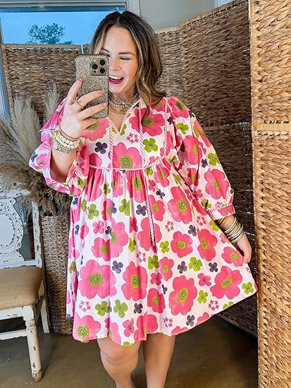 Women's V-Neck Puff-Sleeve Floral Mini Dress（BUY 2 FREE SHIPPING)