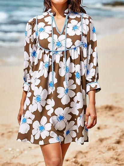 Women's V-Neck Puff-Sleeve Floral Mini Dress（BUY 2 FREE SHIPPING)