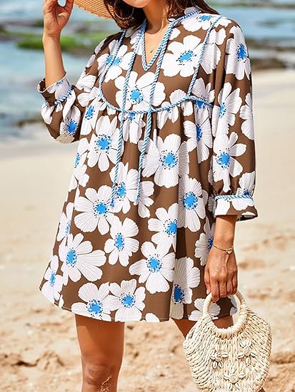 Women's V-Neck Puff-Sleeve Floral Mini Dress（BUY 2 FREE SHIPPING)