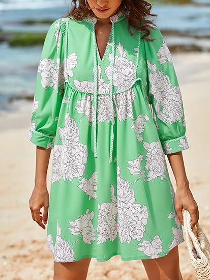 Women's V-Neck Puff-Sleeve Floral Mini Dress（BUY 2 FREE SHIPPING)