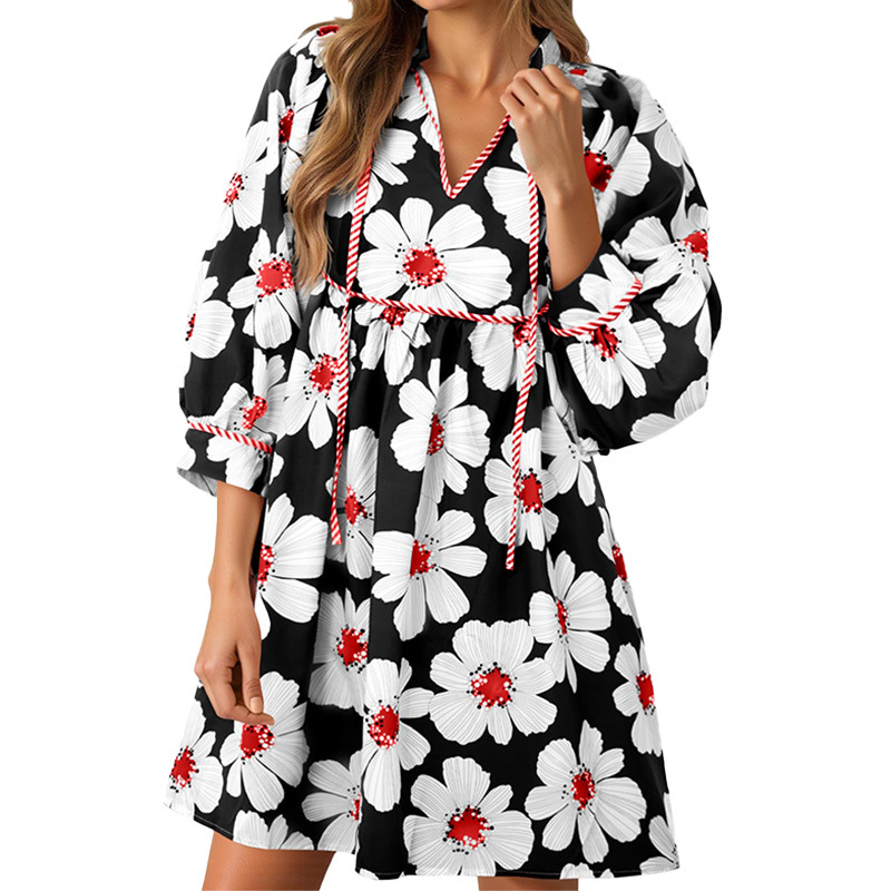 Women's V-Neck Puff-Sleeve Floral Mini Dress（BUY 2 FREE SHIPPING)