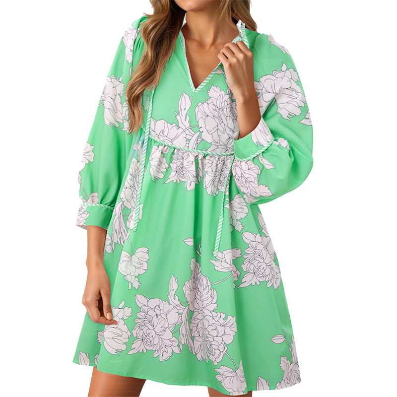Women's V-Neck Puff-Sleeve Floral Mini Dress（BUY 2 FREE SHIPPING)