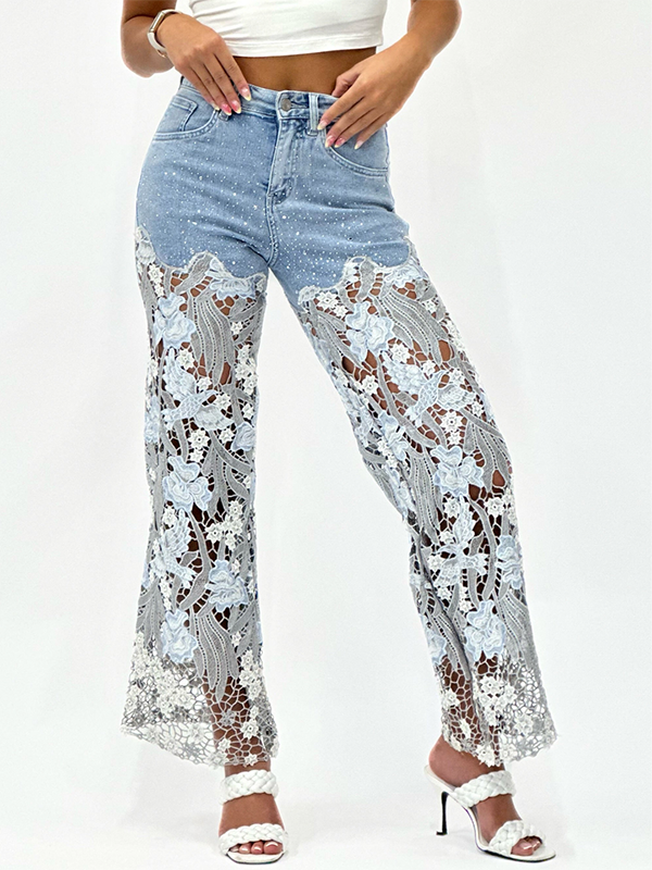 High-Waisted Denim Jeans with Rhinestone and Lace Splicing