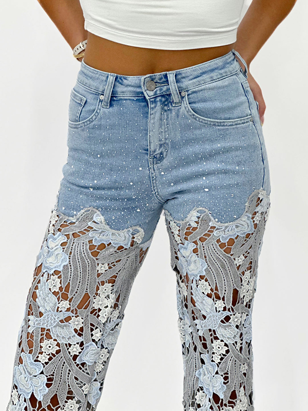 High-Waisted Denim Jeans with Rhinestone and Lace Splicing