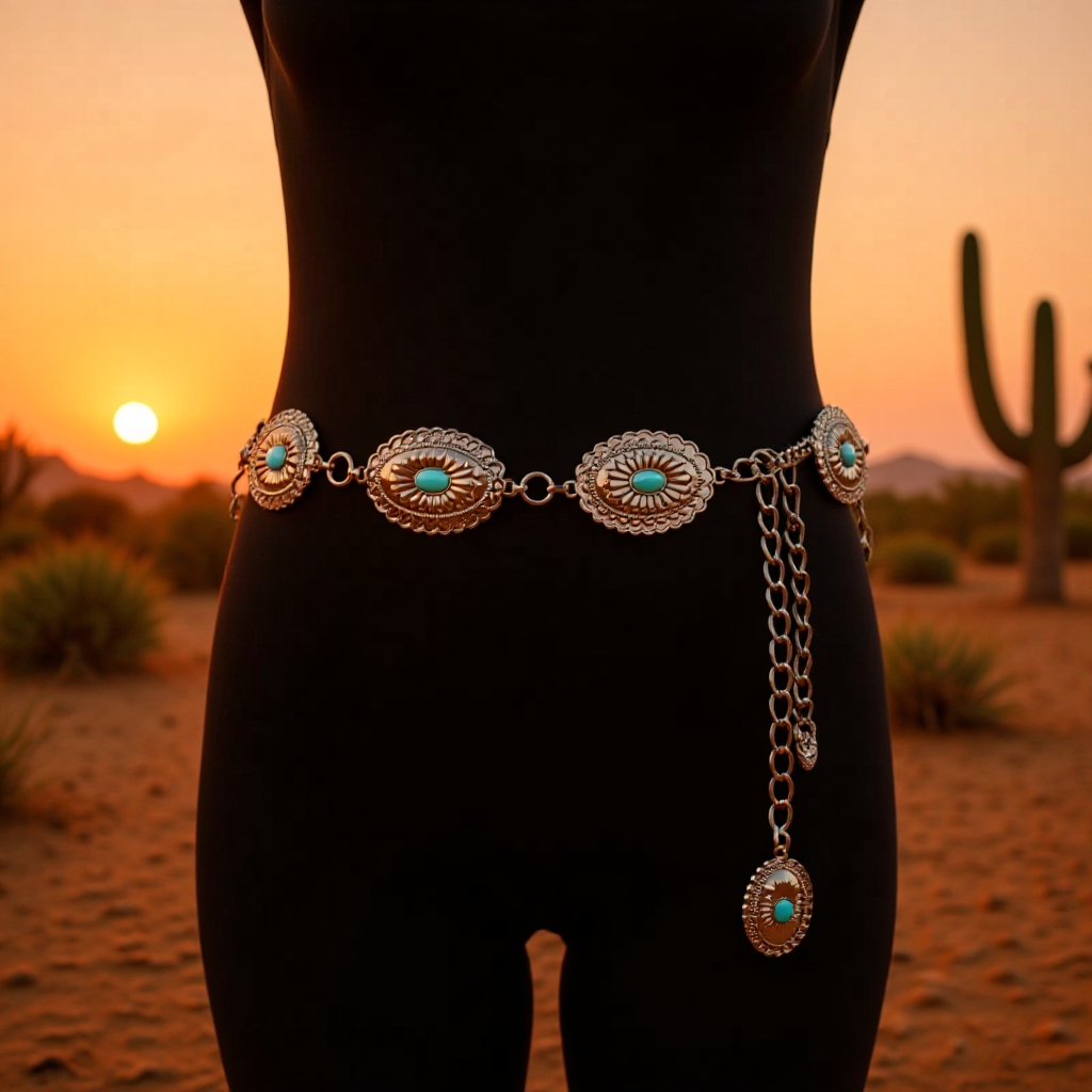Vintage-Style Carved Belt with Turquoise Inlay (Ethnic Style)
