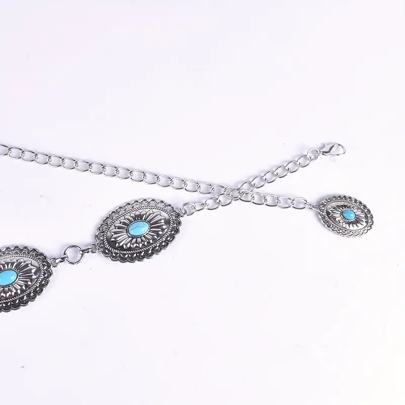 Vintage-Style Carved Belt with Turquoise Inlay (Ethnic Style)