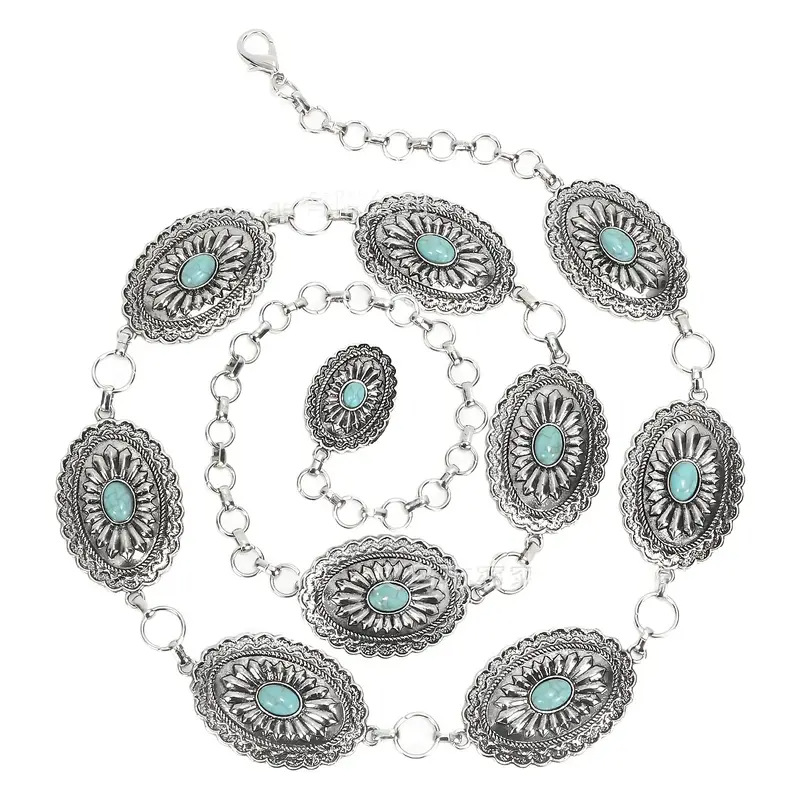 Vintage-Style Carved Belt with Turquoise Inlay (Ethnic Style)
