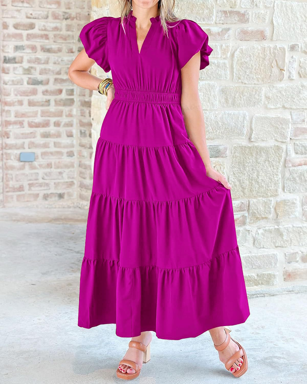 Tiered Dress with Puff Sleeves and Cinched Waist