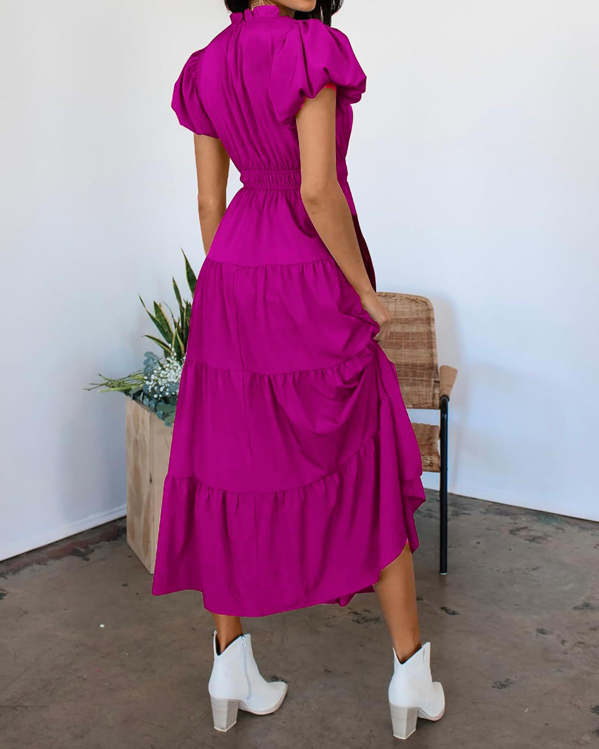 Tiered Dress with Puff Sleeves and Cinched Waist