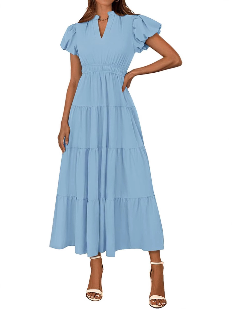 Tiered Dress with Puff Sleeves and Cinched Waist