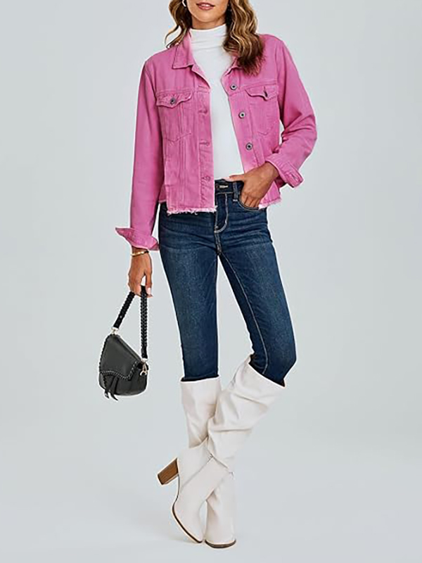 Women's Vintage Button-Up Raw-Hem Denim Jacket