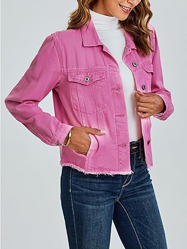 Women's Vintage Button-Up Raw-Hem Denim Jacket