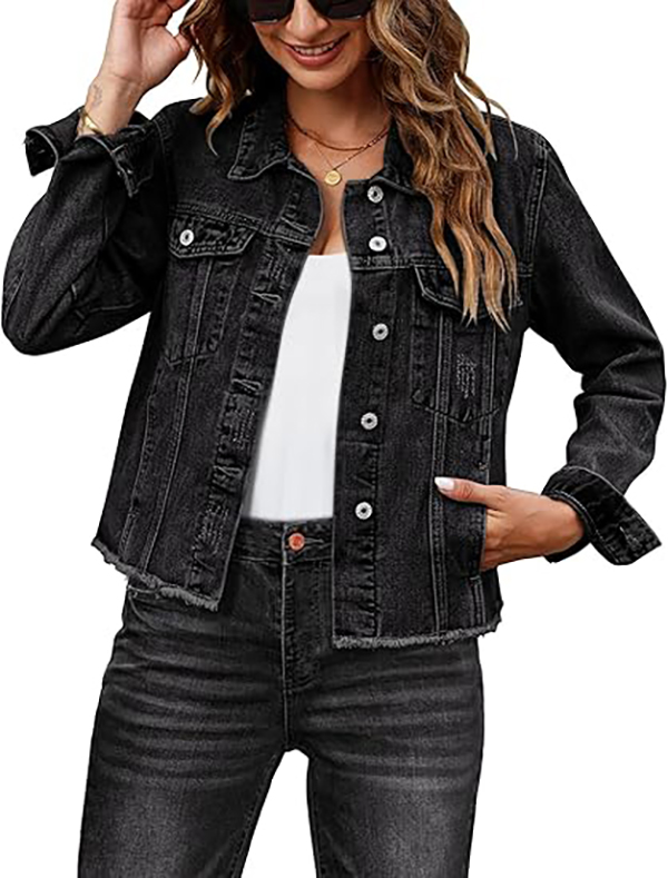 Women's Vintage Button-Up Raw-Hem Denim Jacket
