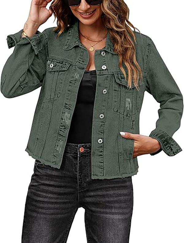 Women's Vintage Button-Up Raw-Hem Denim Jacket