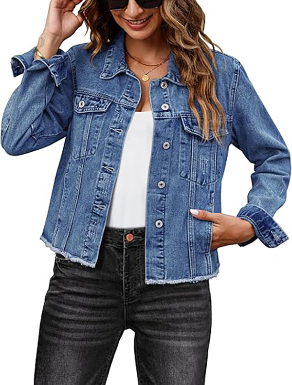 Women's Vintage Button-Up Raw-Hem Denim Jacket