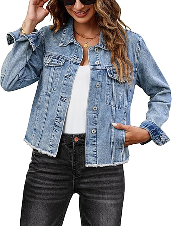 Women's Vintage Button-Up Raw-Hem Denim Jacket