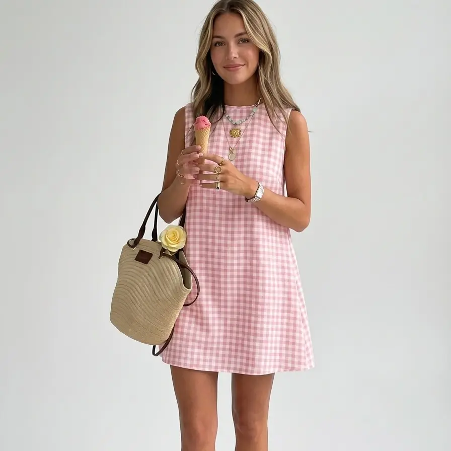  Womens Gingham Dress Spring Summer Beach Boho Sleeveless Mini Sundress Casual Cotton Plaid Womenswear Button Cute Outfits Tank Tops Crewneck Spaghetti Strap