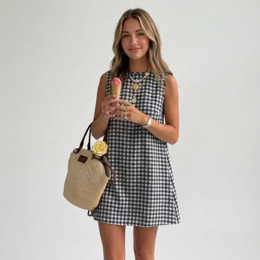  Womens Gingham Dress Spring Summer Beach Boho Sleeveless Mini Sundress Casual Cotton Plaid Womenswear Button Cute Outfits Tank Tops Crewneck Spaghetti Strap