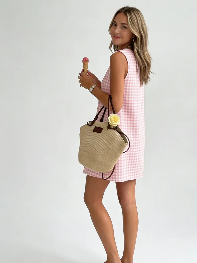  Womens Gingham Dress Spring Summer Beach Boho Sleeveless Mini Sundress Casual Cotton Plaid Womenswear Button Cute Outfits Tank Tops Crewneck Spaghetti Strap