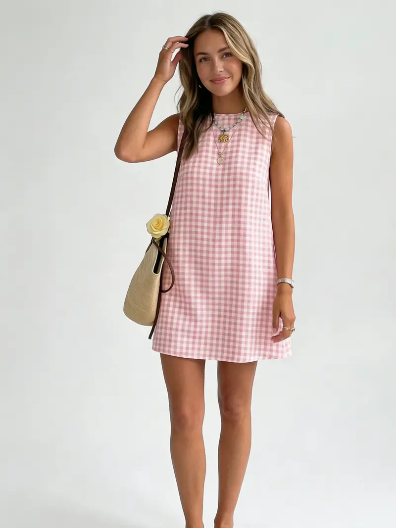  Womens Gingham Dress Spring Summer Beach Boho Sleeveless Mini Sundress Casual Cotton Plaid Womenswear Button Cute Outfits Tank Tops Crewneck Spaghetti Strap