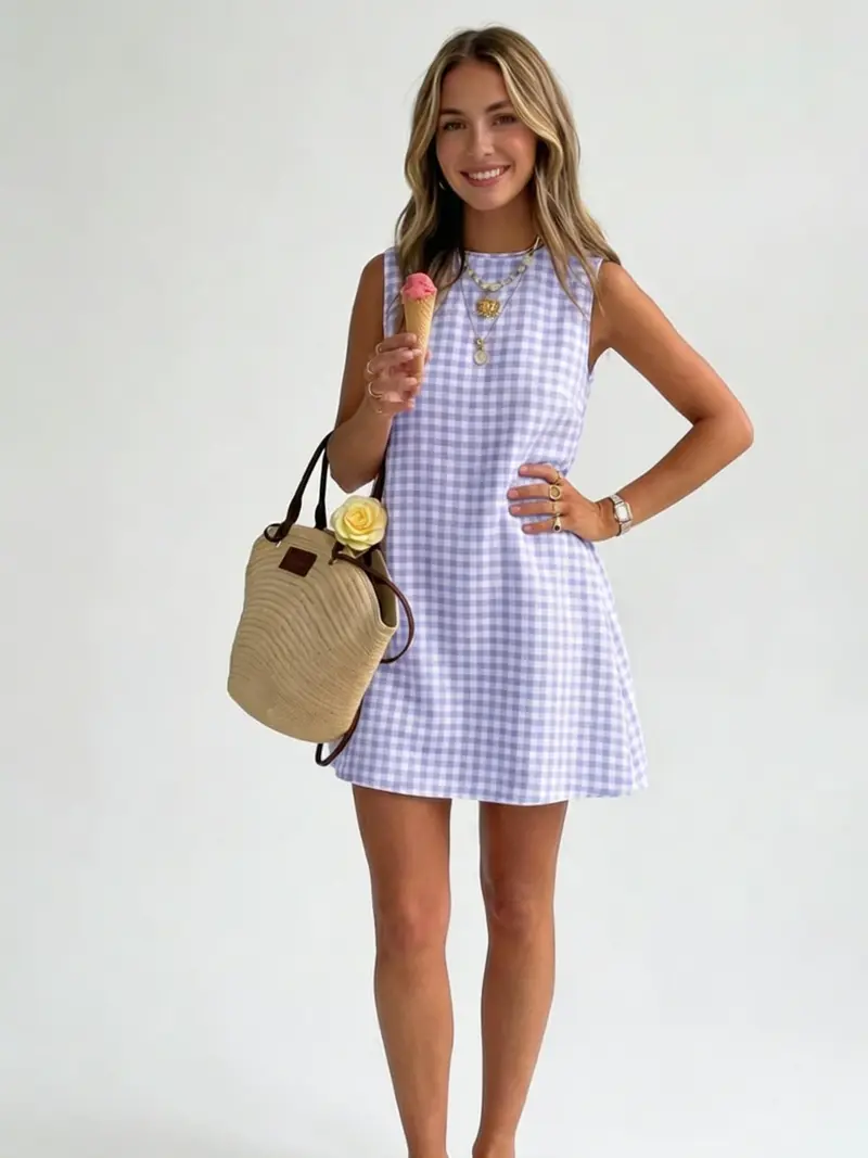  Womens Gingham Dress Spring Summer Beach Boho Sleeveless Mini Sundress Casual Cotton Plaid Womenswear Button Cute Outfits Tank Tops Crewneck Spaghetti Strap