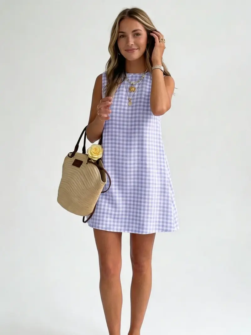  Womens Gingham Dress Spring Summer Beach Boho Sleeveless Mini Sundress Casual Cotton Plaid Womenswear Button Cute Outfits Tank Tops Crewneck Spaghetti Strap