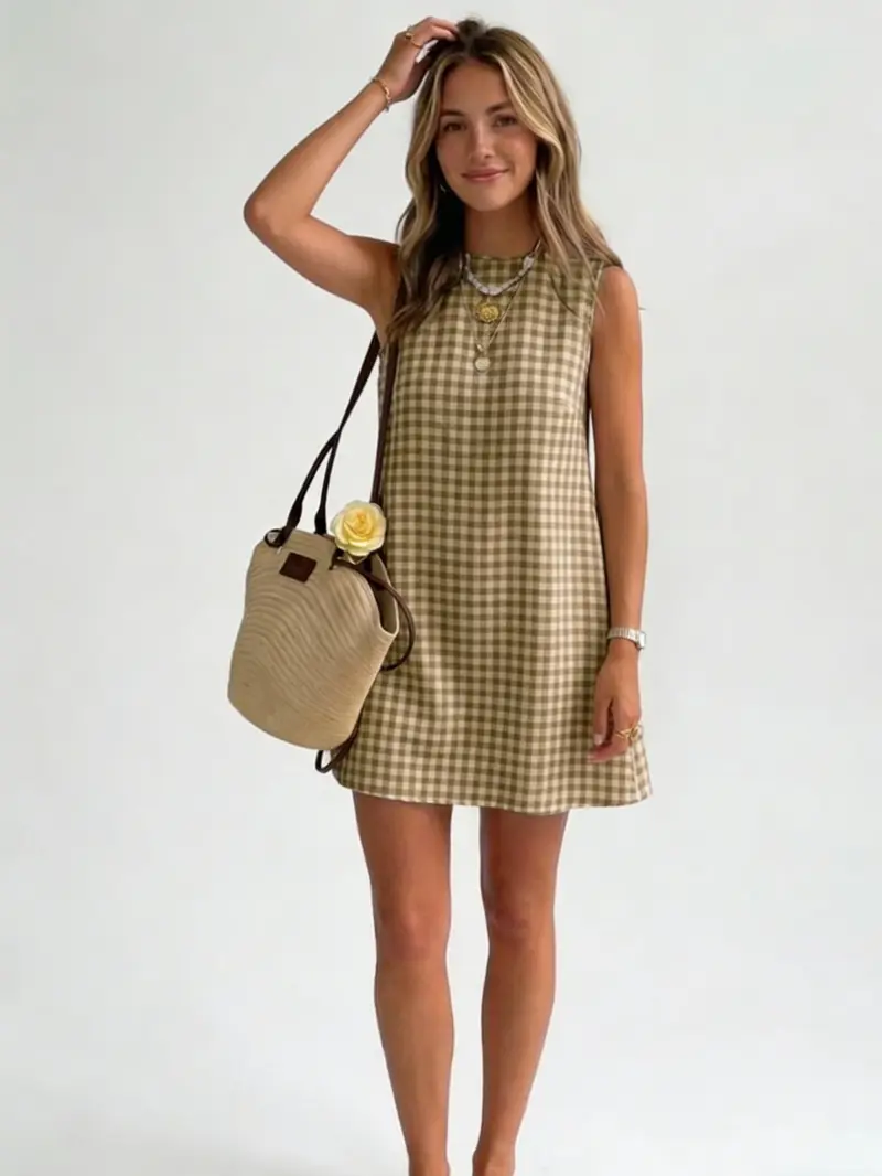  Womens Gingham Dress Spring Summer Beach Boho Sleeveless Mini Sundress Casual Cotton Plaid Womenswear Button Cute Outfits Tank Tops Crewneck Spaghetti Strap