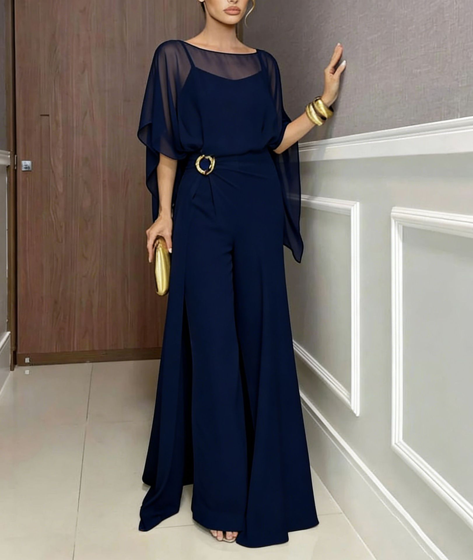 Women Round Neck Top + Patchwork Pants Casual Set with Temperament