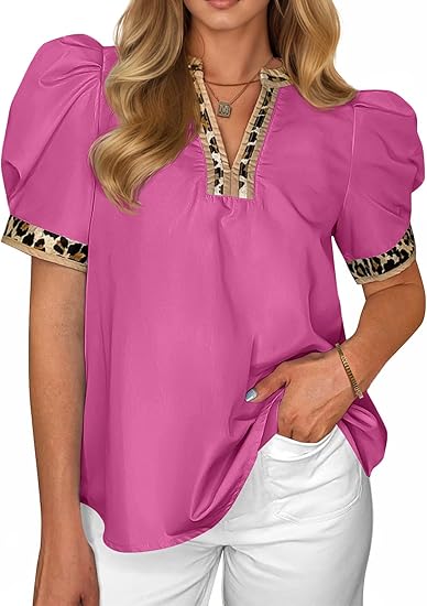 Women's puff-sleeved leopard print V-neck color-blocked shirt(BUY 2 FREE SHIPPING)