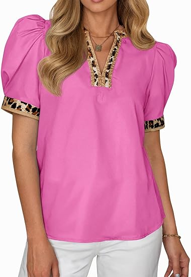 Women's puff-sleeved leopard print V-neck color-blocked shirt(BUY 2 FREE SHIPPING)