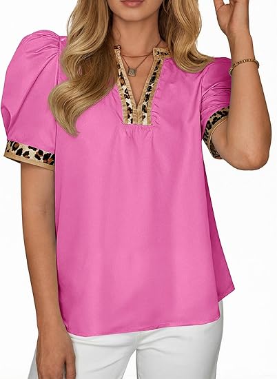 Women's puff-sleeved leopard print V-neck color-blocked shirt(BUY 2 FREE SHIPPING)