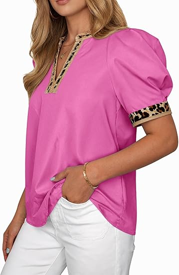 Women's puff-sleeved leopard print V-neck color-blocked shirt(BUY 2 FREE SHIPPING)