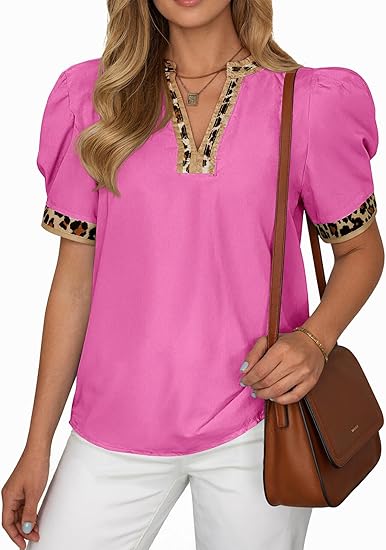 Women's puff-sleeved leopard print V-neck color-blocked shirt(BUY 2 FREE SHIPPING)