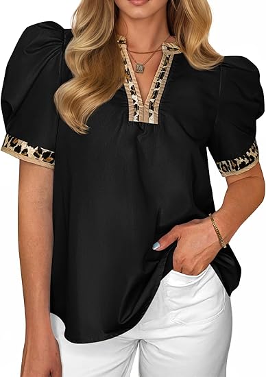 Women's puff-sleeved leopard print V-neck color-blocked shirt(BUY 2 FREE SHIPPING)