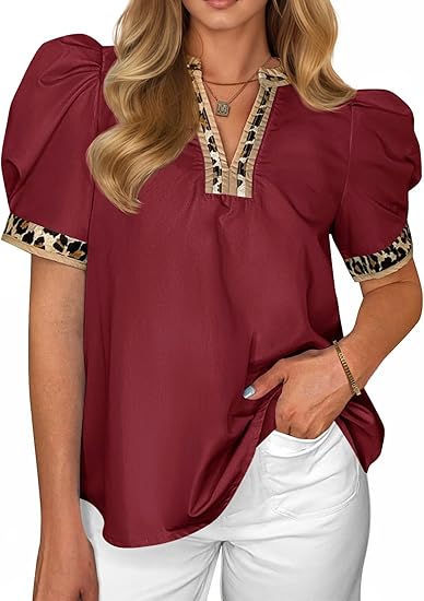 Women's puff-sleeved leopard print V-neck color-blocked shirt(BUY 2 FREE SHIPPING)